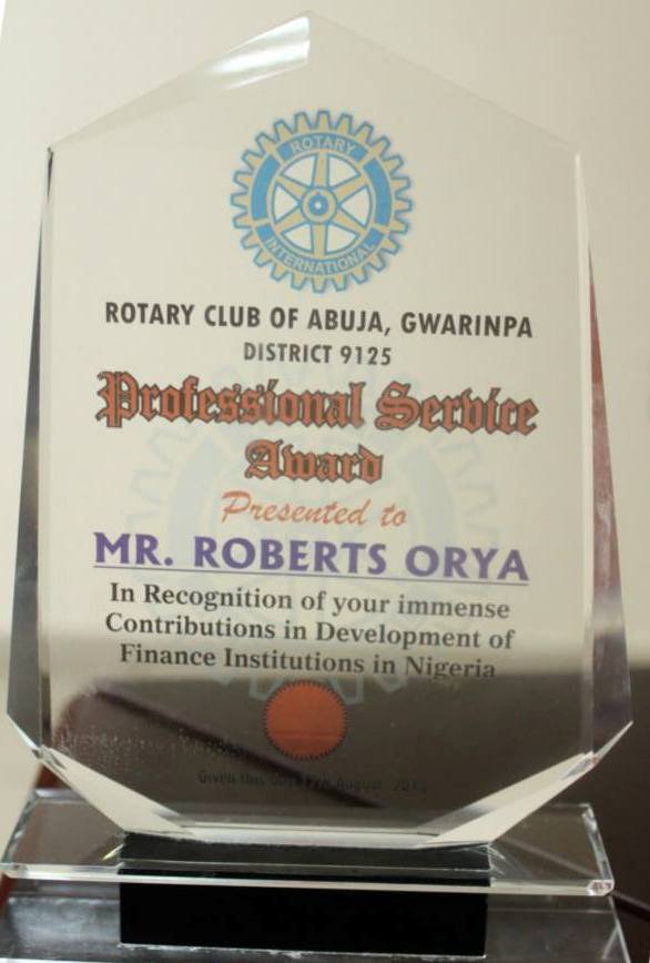The Awards Plaque from Rotary Club of Abuja-Gwarimpa to Mr Roberts U. Orya, MD&amp;CEO NEXIM Bank