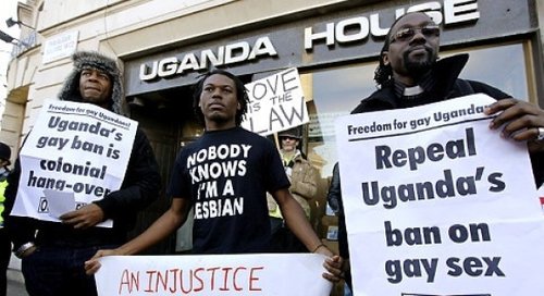 Gay activists protest at the Uganda High Commission London