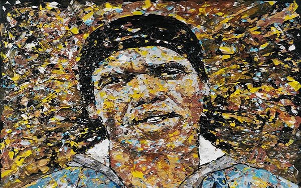 'Self Portrait' by South African artist Mbongeni Buthelezi, who creates Pollockesque canvases using recycled plastic.