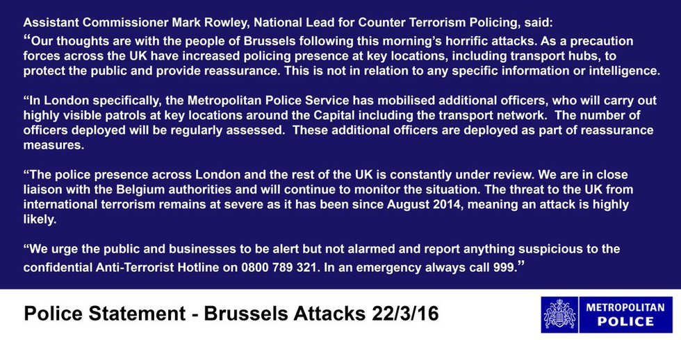 London Metropolitan Police statement on #Brussels attacks