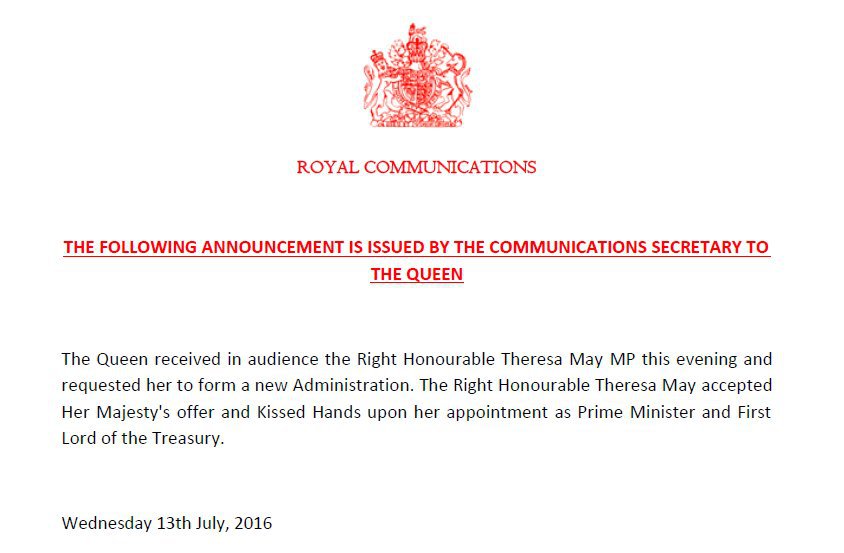 The Statement from Buckingham Palace announcing the new PM