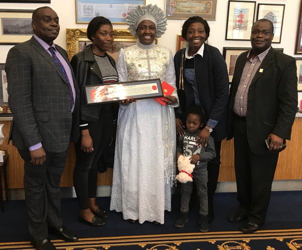 Rev Ajayi and her family flanked by Femi Okutubo and Cllr Adedamola Aminu