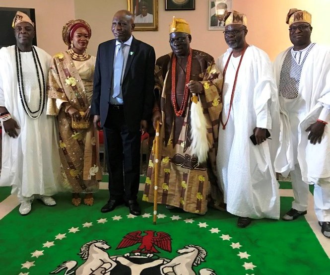 Oba and Olori Ogunlaja with Ambassador Oguntade, Otunba Adegbuyi (left), Otunba Adenuga and EDDU President