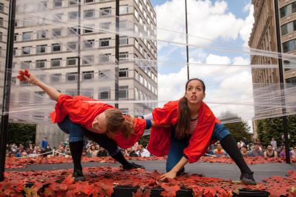 Upswing’s female acrobats soar through the skies in heels and an explosion of red