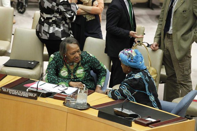 Special Representative for the Central African Republic Margaret Vogt (left) confers with Special Representative on Sexual Violence in Conflict Zainab Bangura