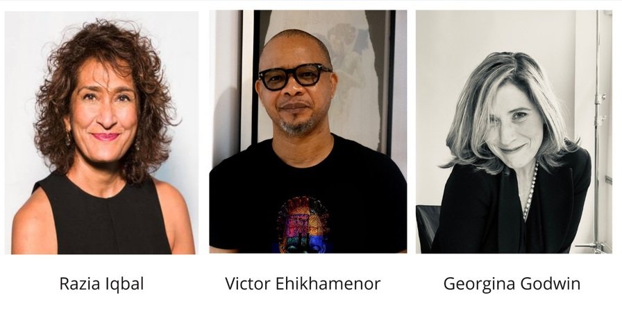 The AKO Caine Prize judges - Razia Iqbal, Victor Ehikhamenor and Georgina Godwin