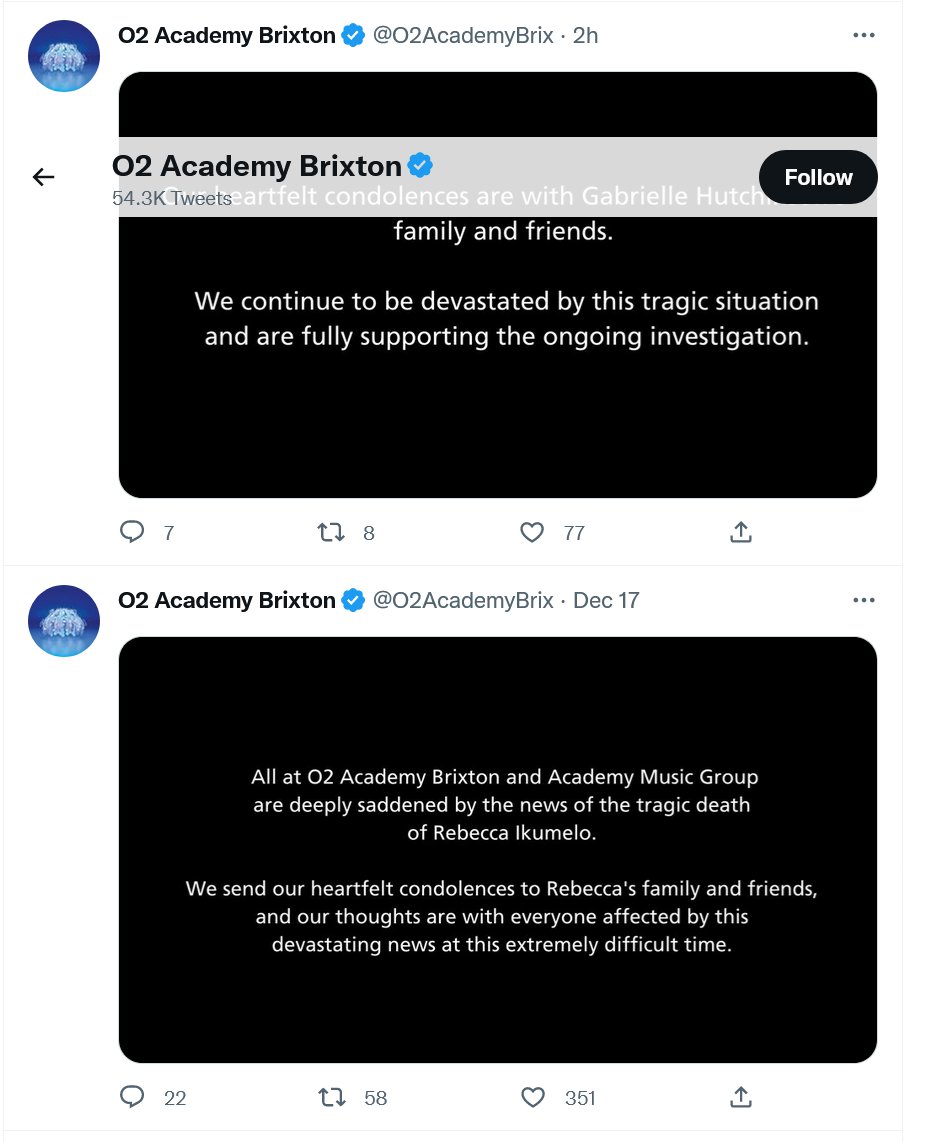 O2 Brixton Academy tweet re Rebecca Ikumelo and Gabrielle Hutchinson